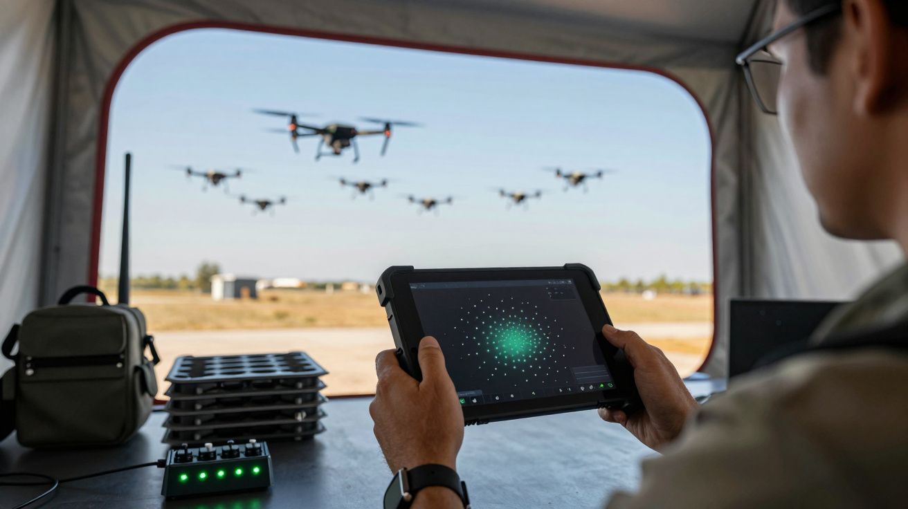 Osoba z tabletem kontroluje formację dronów latających nad otwartym terenem.