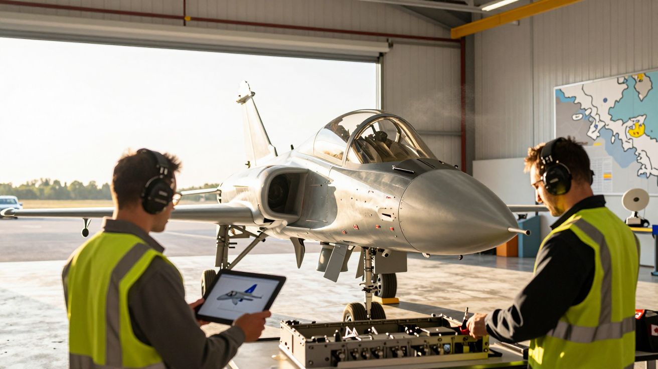 Dwóch techników w kamizelkach ochronnych pracuje przy odrzutowcu w hangarze lotniczym.