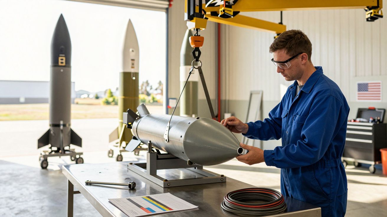 Mężczyzna w niebieskim kombinezonie pracuje przy dużej metalowej rakiecie, w tle dwie inne rakiety w hangarze.