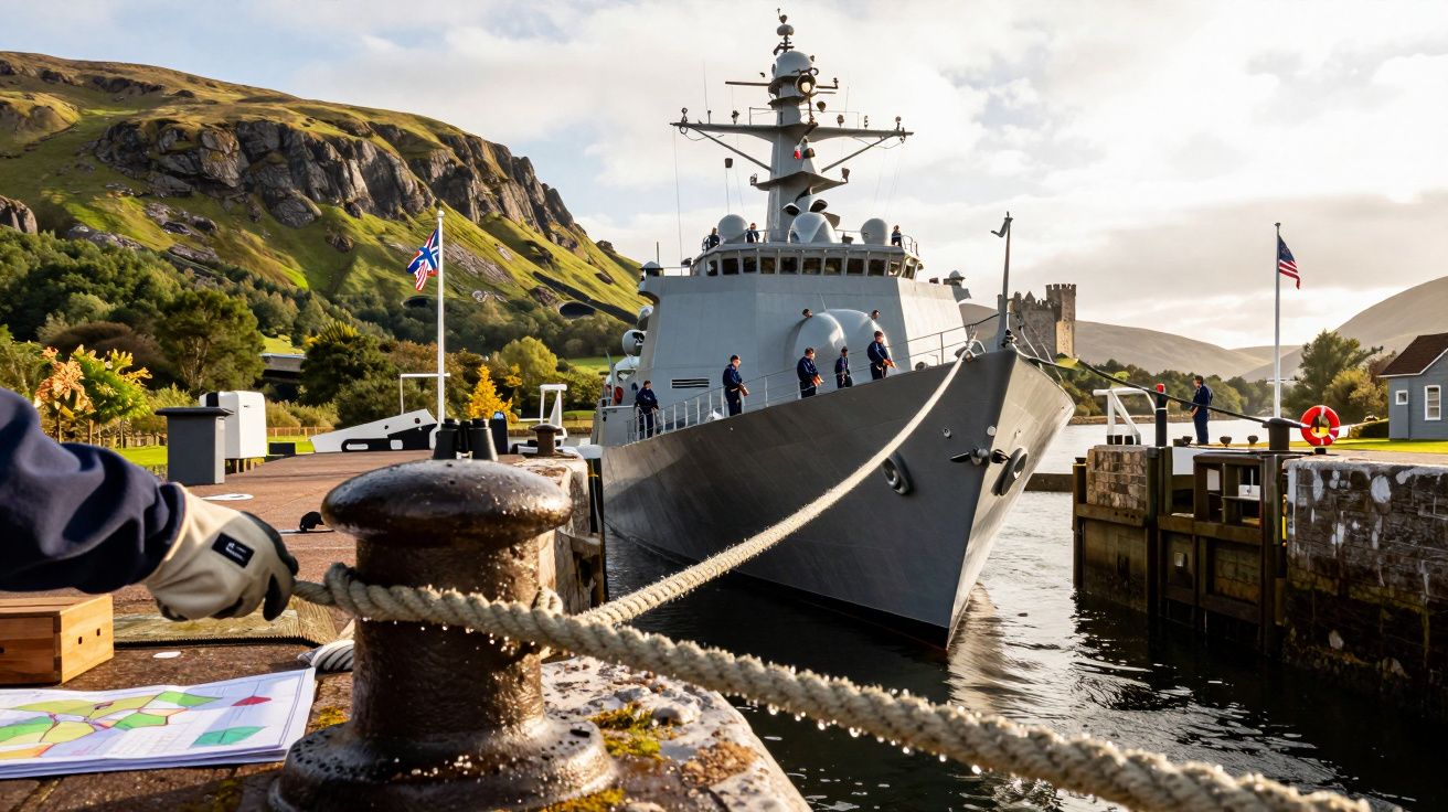 Statek wojenny cumuje w małym porcie z widokiem na zalesione wzgórza i wieżę. Ludzie na pokładzie zajmują się cumowaniem.