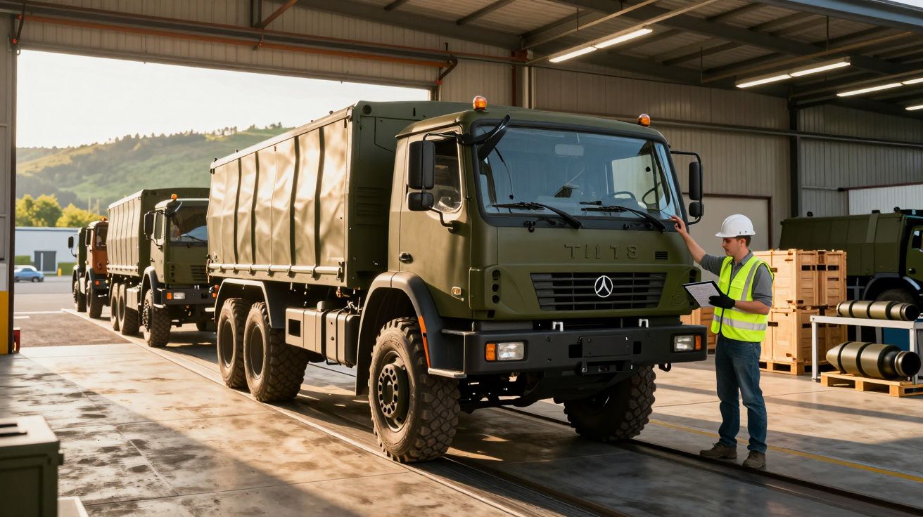 Ciężarówka wojskowa w magazynie, technik w hełmie kontroluje pojazd.