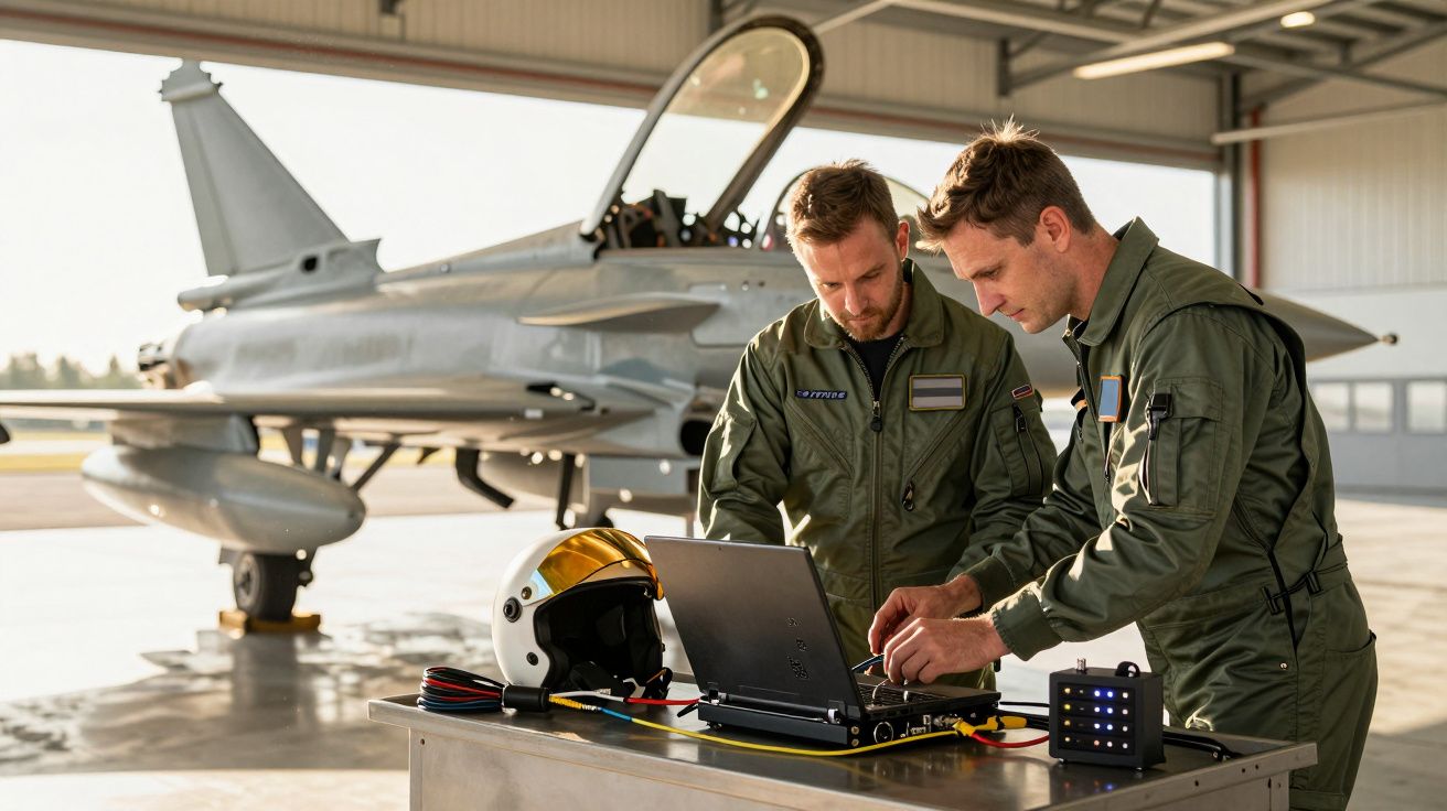 Dwóch pilotów analizuje dane na laptopie w hangarze, z myśliwcem w tle.