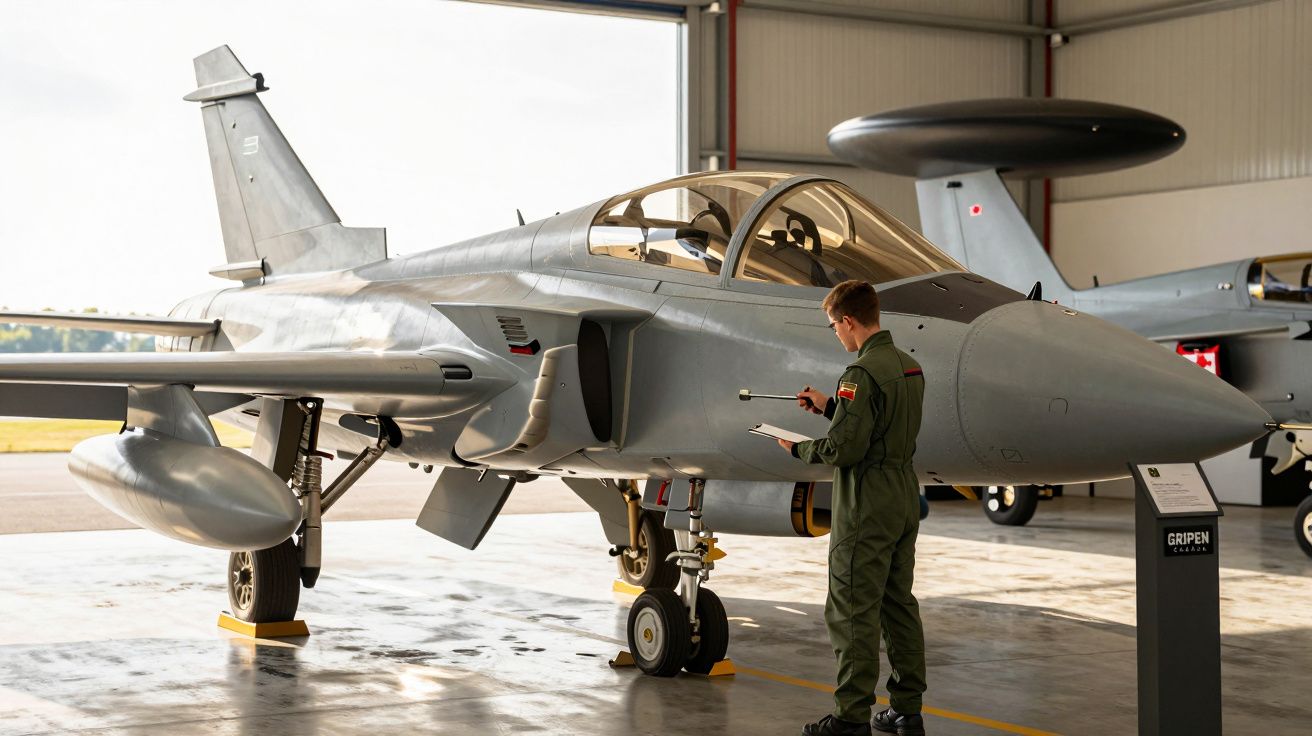 Mężczyzna w mundurze stoi obok myśliwca odrzutowego w hangarze lotniczym, trzymając tablet.