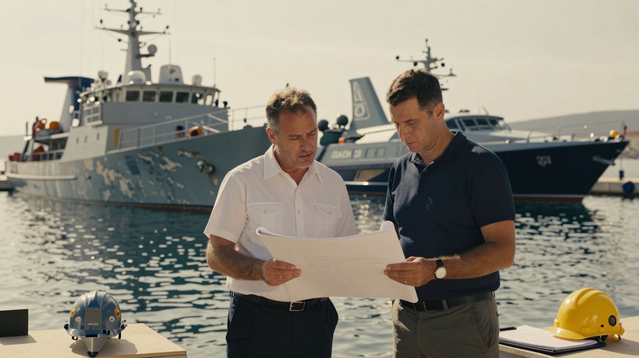 Dwóch mężczyzn analizuje plan na przystani, w tle stoi statek wojskowy. Na stole leżą kask i hełm ochronny.