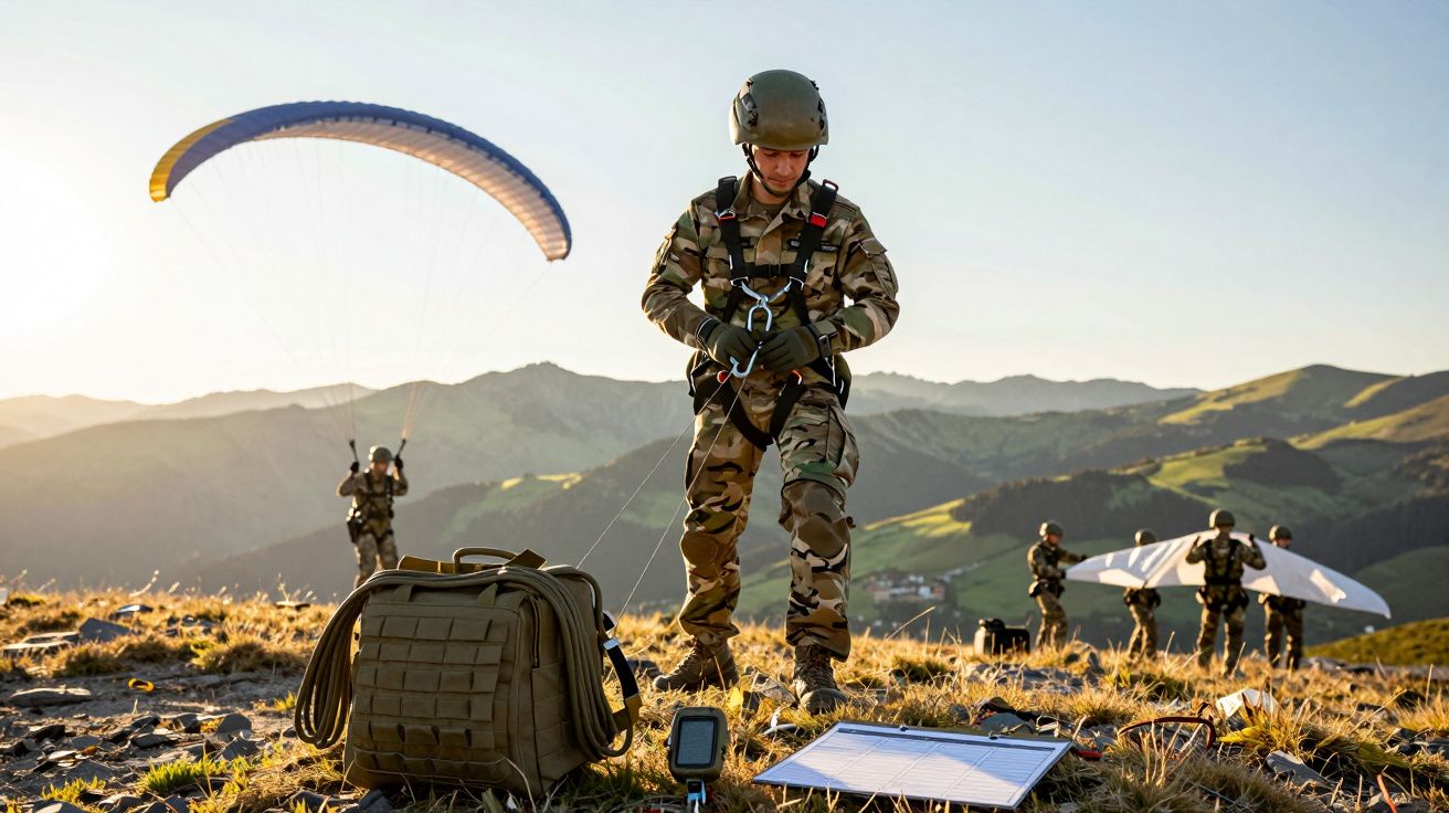 Żołnierz w mundurze szykuje się do skoku ze spadochronem, inni żołnierze w tle na górzystym terenie.
