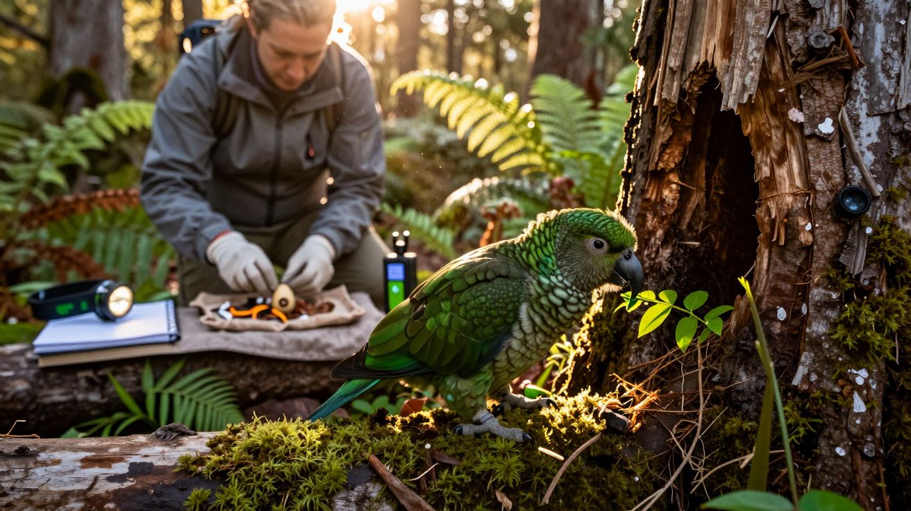 Papuga siedząca na pniu drzewa w lesie, z osobą w tle badającą próbki przy stole.