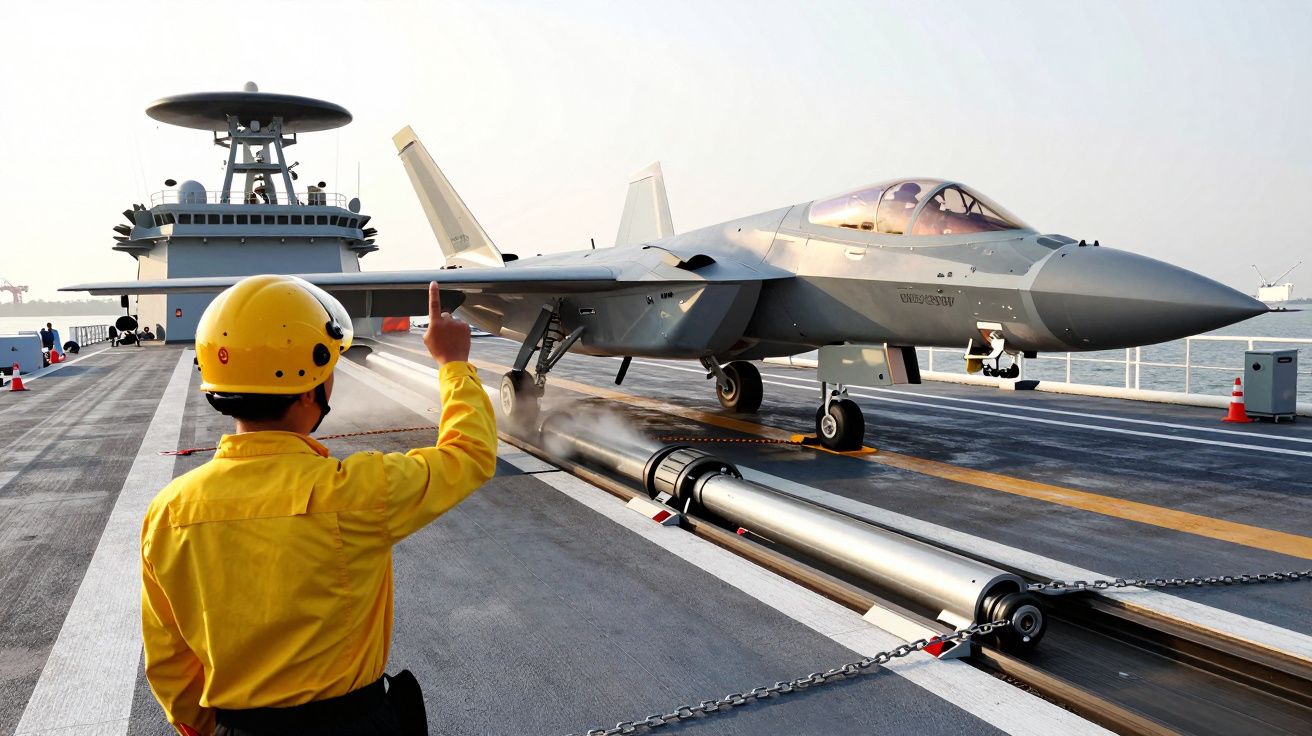 Osoba w żółtym kasku kieruje samolotem myśliwskim na pokładzie lotniskowca.