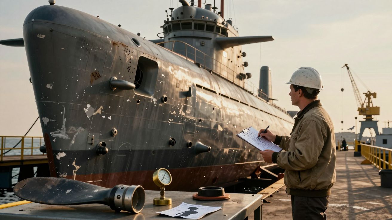 Mężczyzna w kasku notuje coś przy dokowanym okręcie podwodnym, obok części statku i manometru.