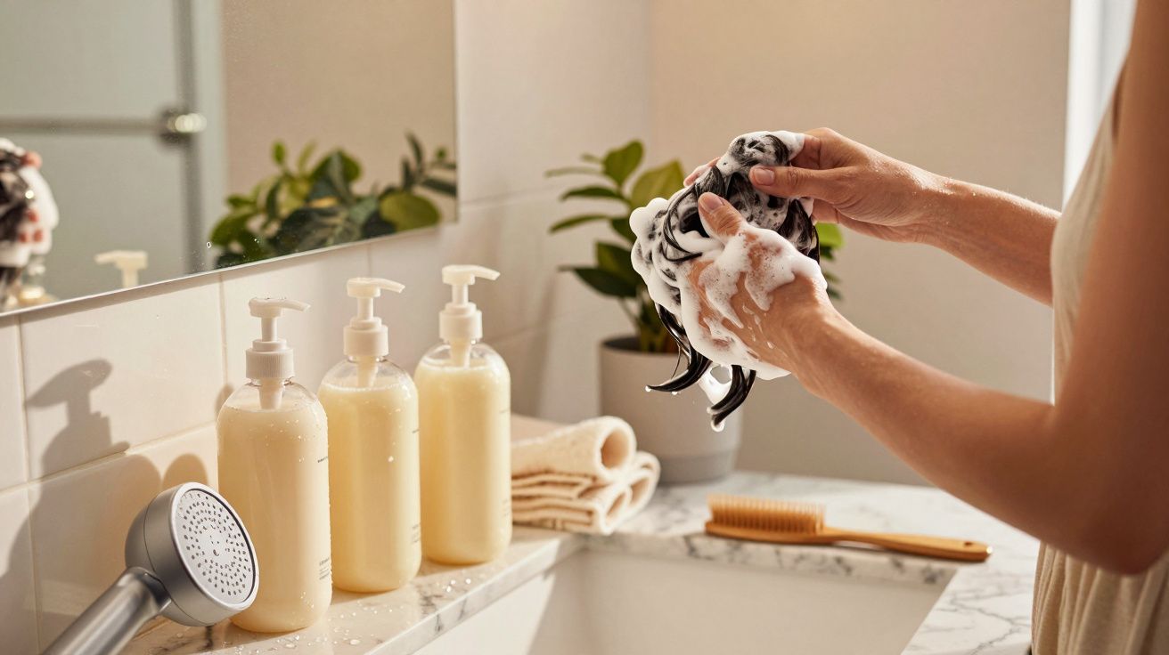 Osoba myjąca włosy w łazience, obok butelki z kosmetykami, ręczniki i grzebień na blacie.