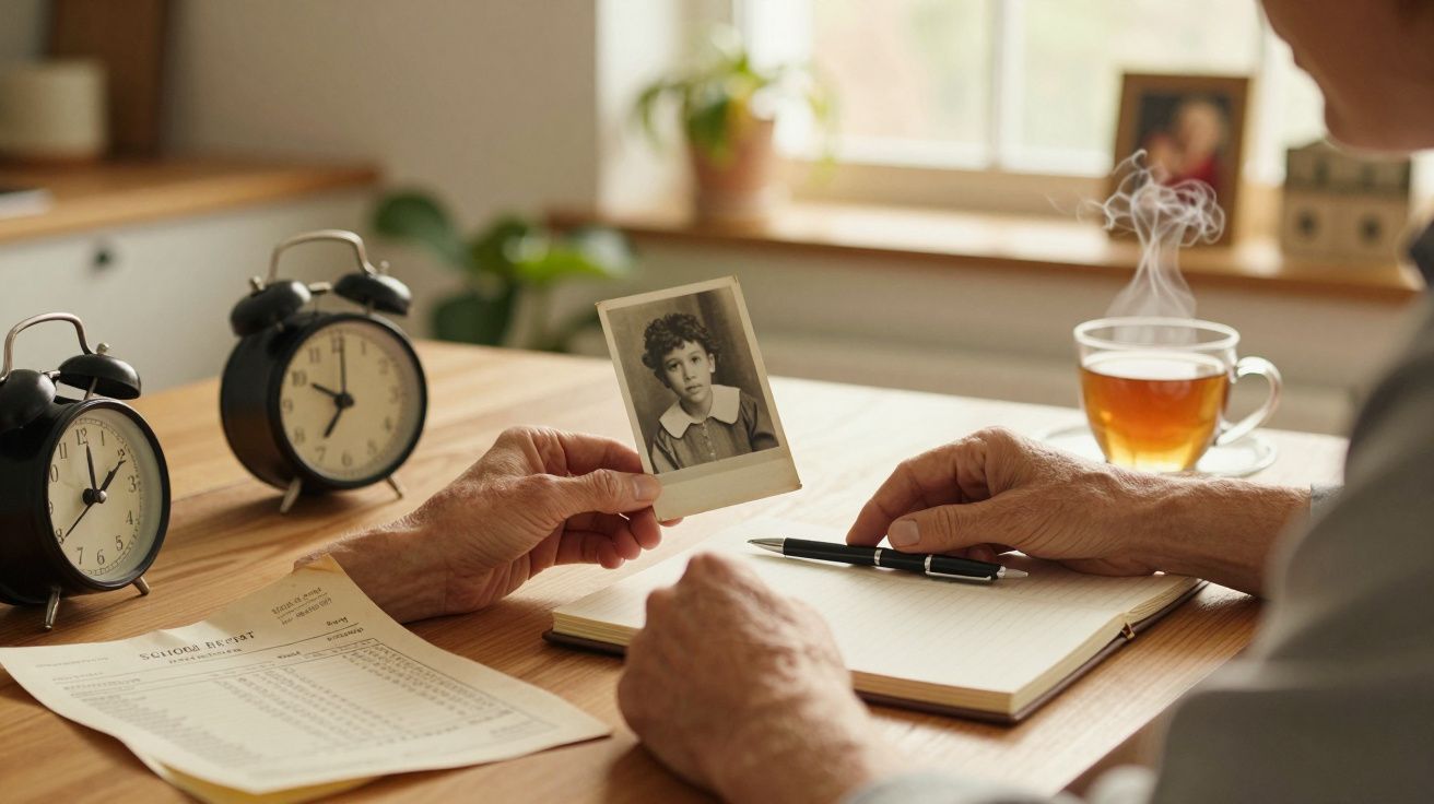 Starsza osoba trzyma zdjęcie dziecka przy biurku z budzikami, dokumentami, notatnikiem i filiżanką herbaty.