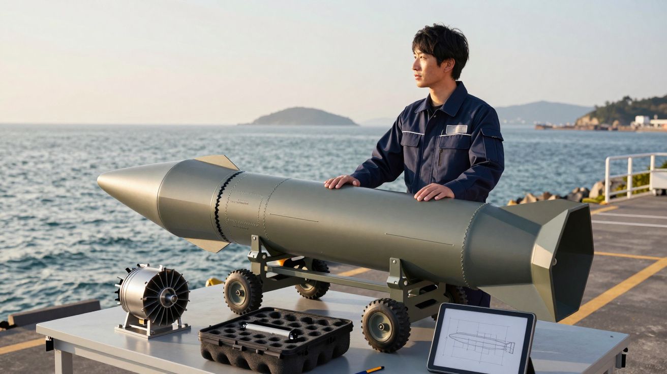 Mężczyzna w kombinezonie przy makiecie rakiety nad brzegiem morza w słoneczny dzień.