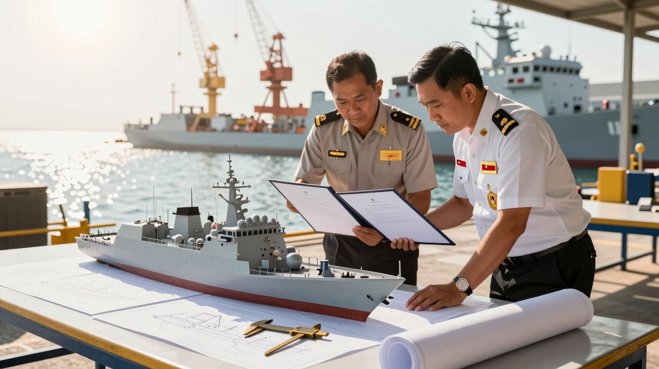 Dwóch marynarzy przy stole z modelem statku i dokumentami, w tle dźwigi portowe i statek na wodzie.