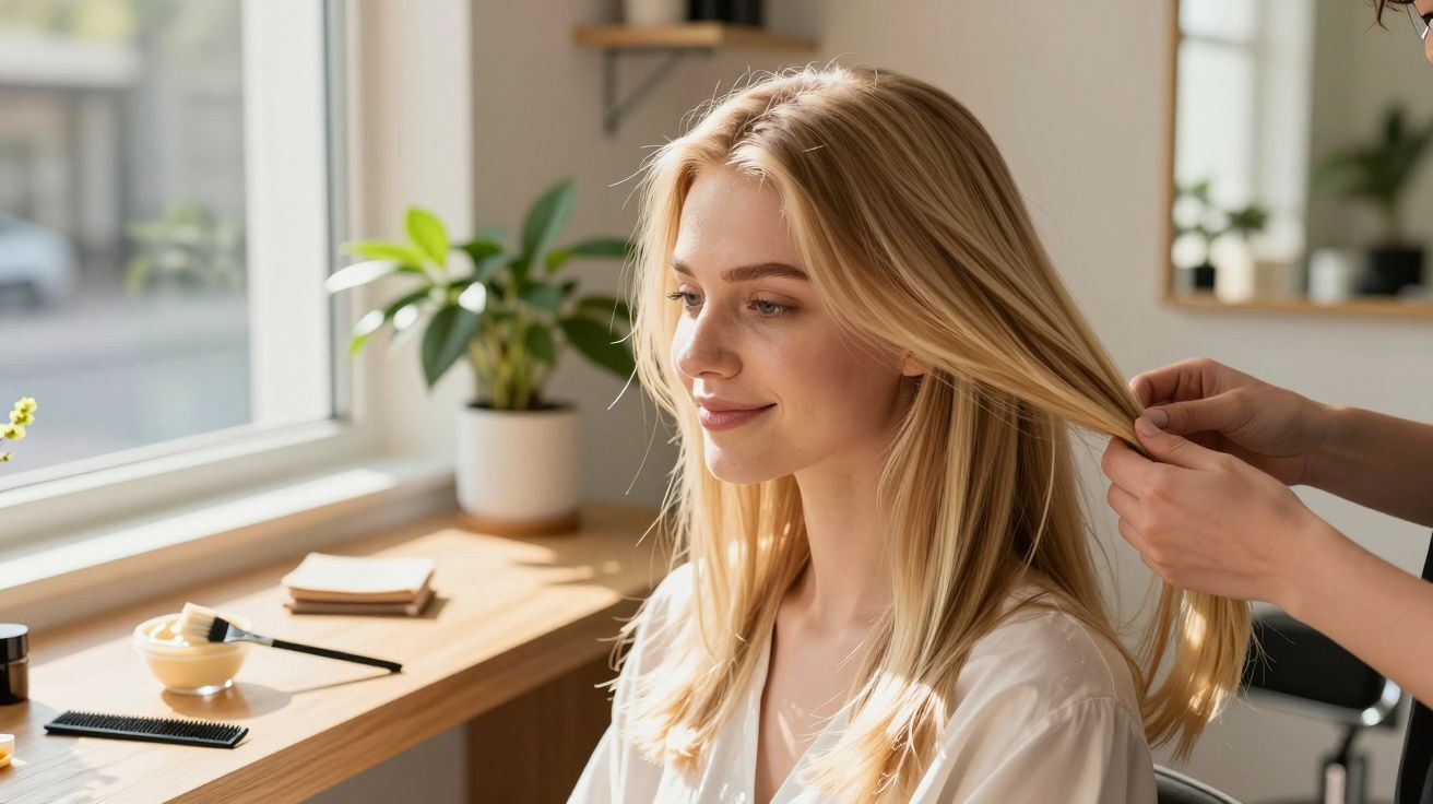 Kobieta w salonie fryzjerskim, uśmiechnięta, stylistka czesze jej długie blond włosy, jasne wnętrze z roślinami.