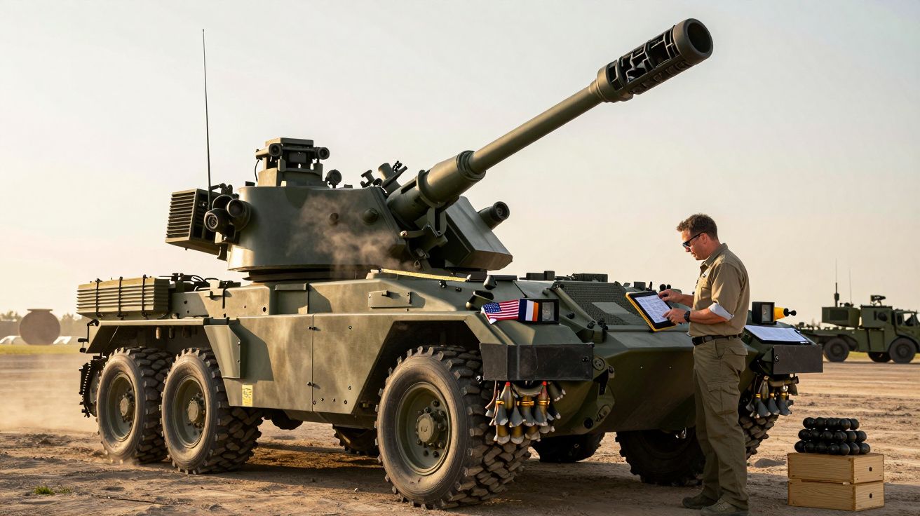 Człowiek w mundurze stoi obok opancerzonego pojazdu wojskowego z dużą lufą, na pustynnym terenie.