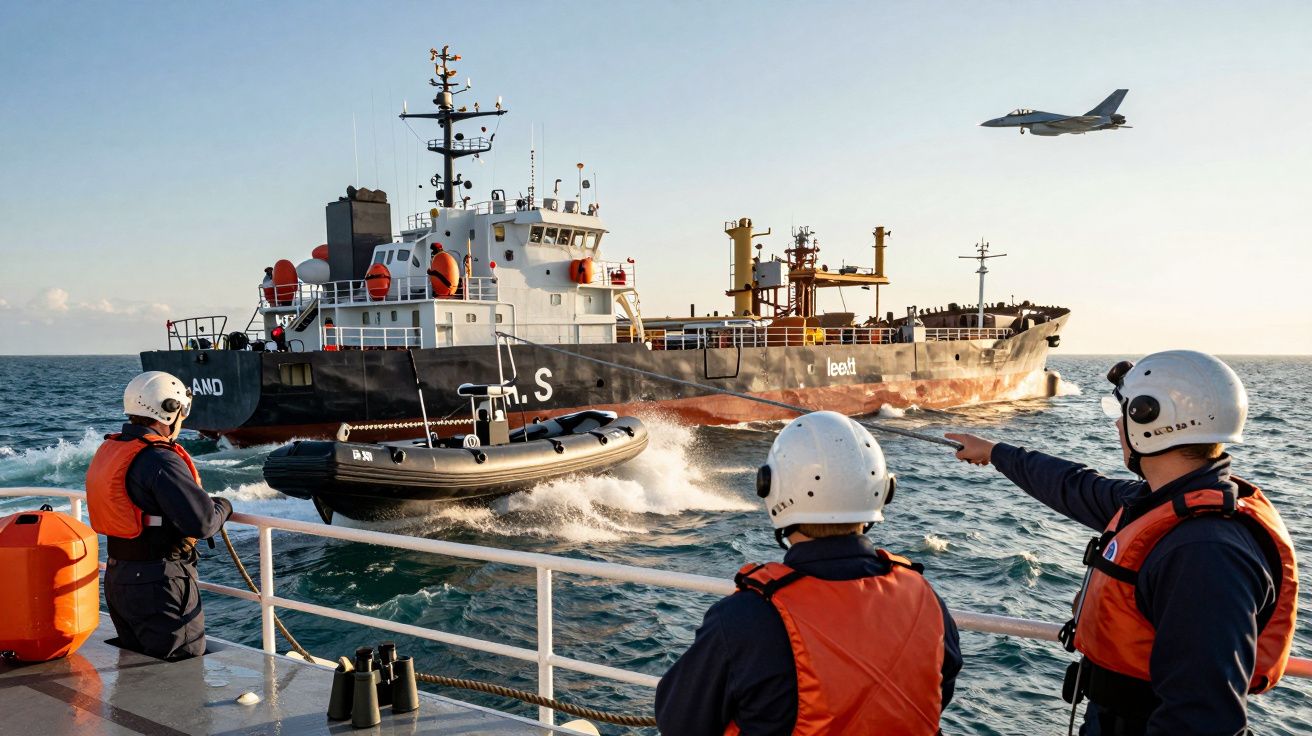 Trzech ludzi w kaskach i kamizelkach patrzy na holownik na morzu. Nad nimi leci myśliwiec.