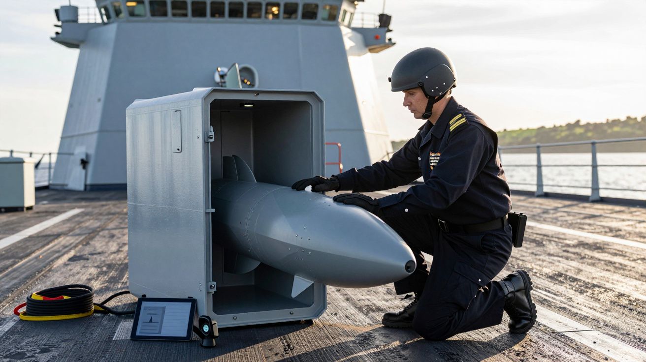 Marynarz w kasku na pokładzie okrętu, obsługuje sprzęt z pociskiem w szarym pojemniku.