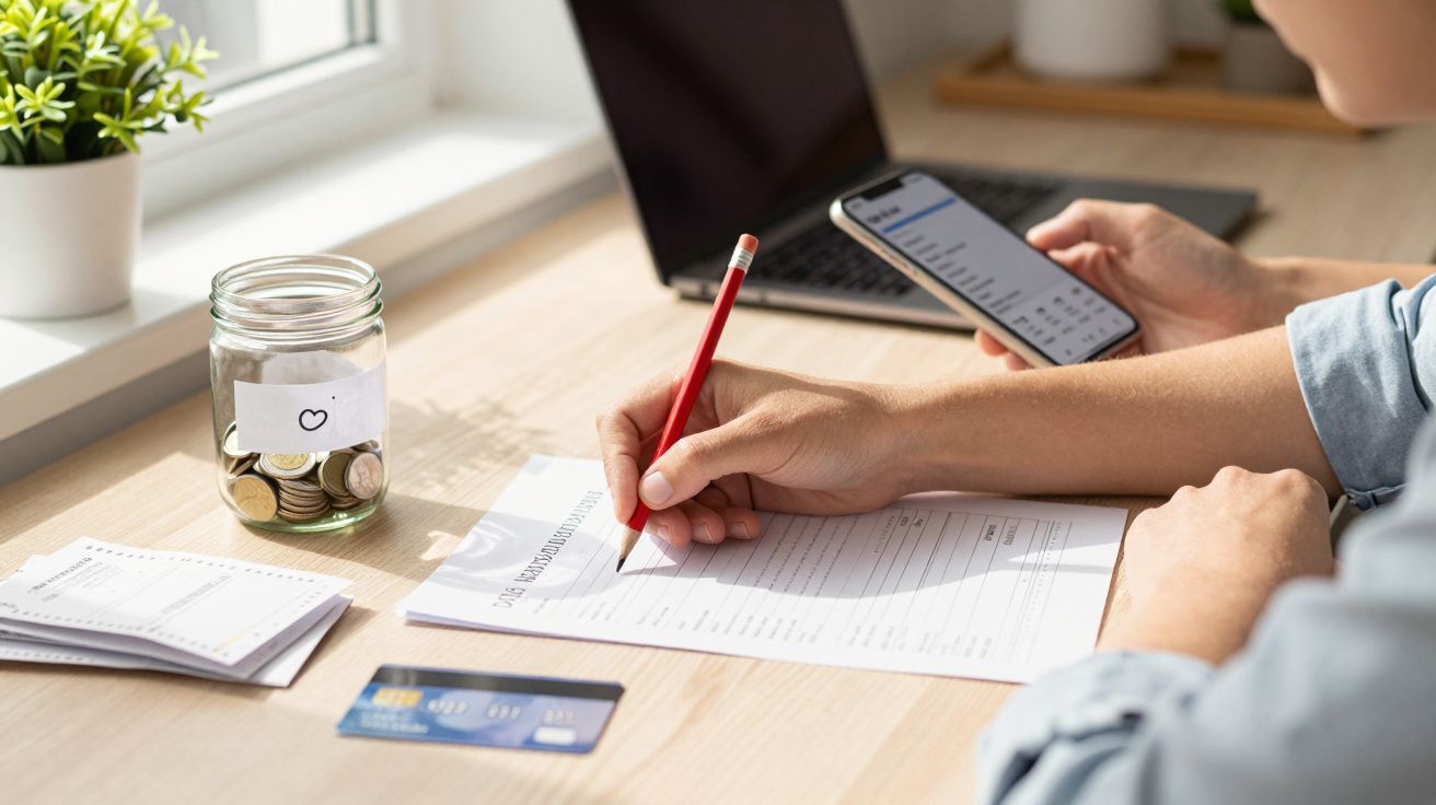 Osoba trzymająca telefon i pisząca na formularzu, obok słoik z monetami, karta kredytowa i notatki na biurku.
