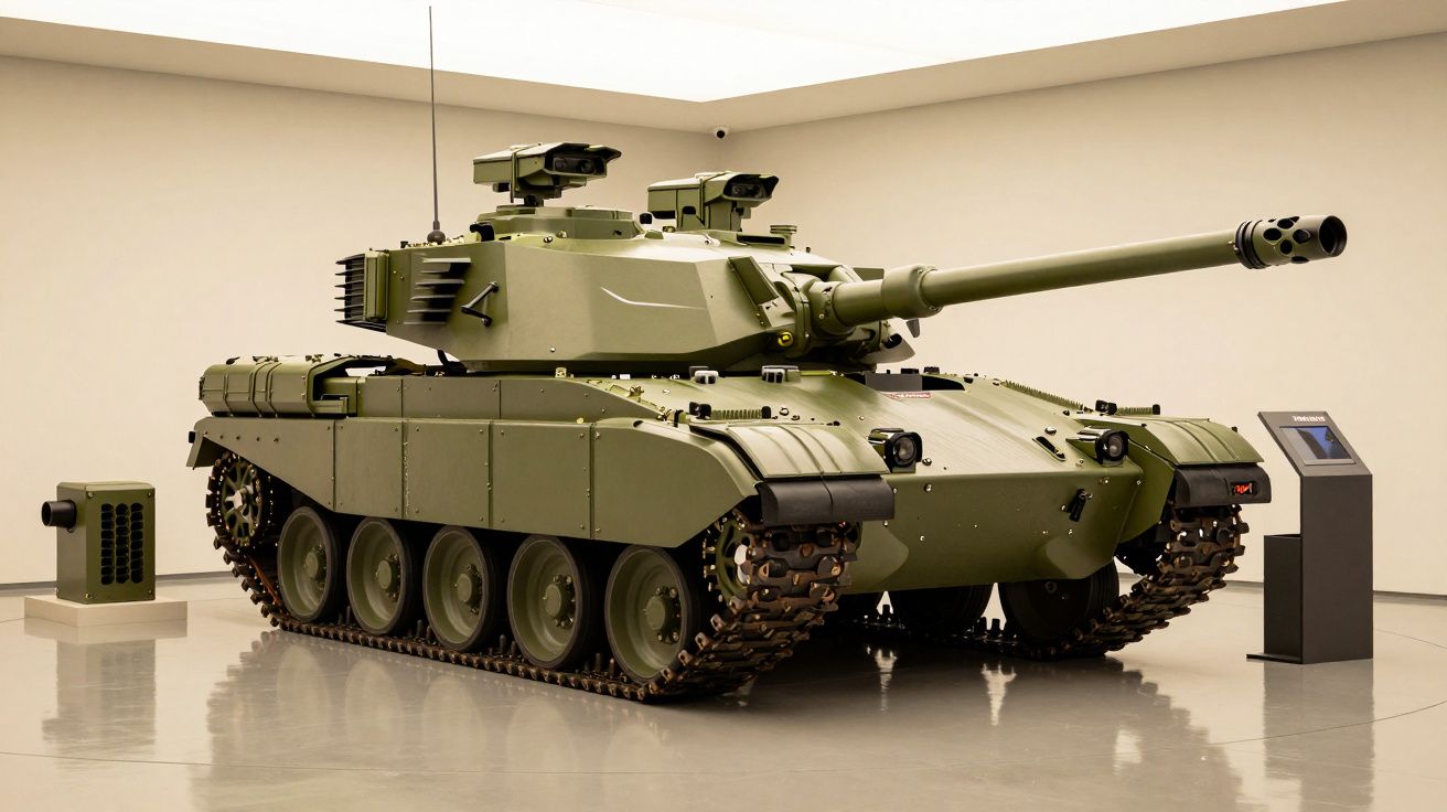 Zielony czołg na gąsienicach w muzeum, z wystrojem wnętrza w jasnych kolorach.