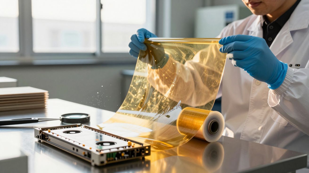 Osoba w laboratorium rozwija żółtą folię obok urządzenia elektrycznego, nosząc niebieskie rękawiczki i biały fartuch.