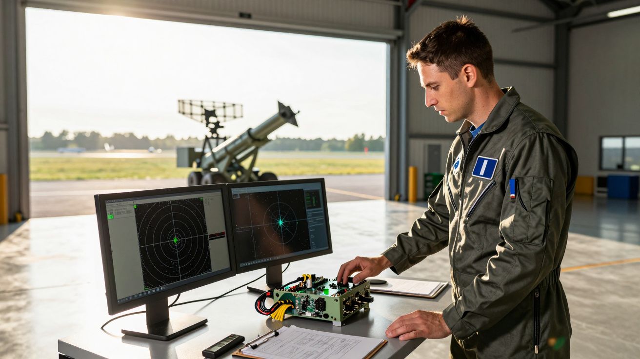 Mężczyzna w kombinezonie lotniczym pracuje przy dwóch monitorach w hangarze, w tle widoczny sprzęt radarowy.