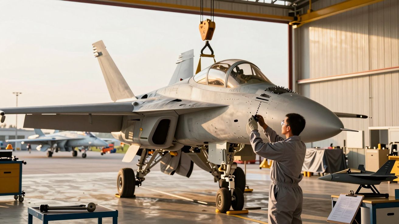 Mężczyzna w kombinezonie roboczym pracujący przy myśliwcu w hangarze serwisowym.