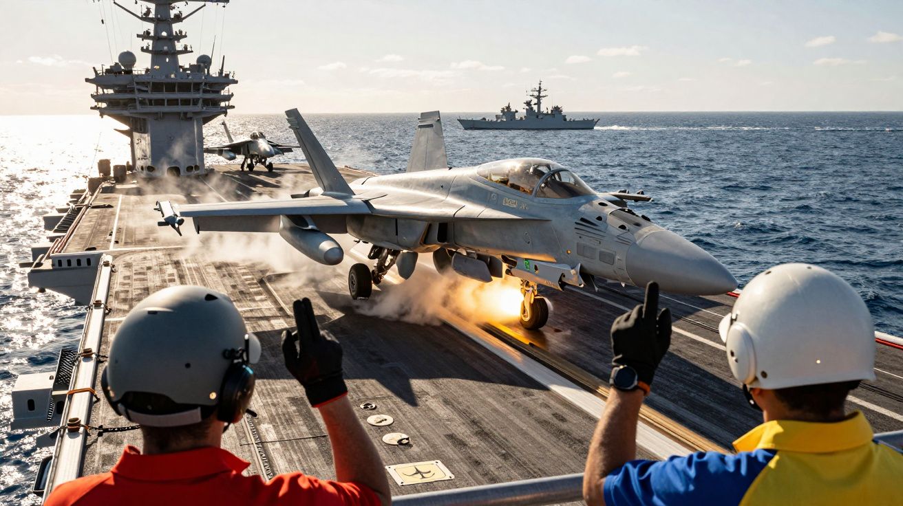 Samolot startujący z pokładu lotniskowca, dwaj ludzie w kaskach dają sygnały rękoma, w tle inny okręt.