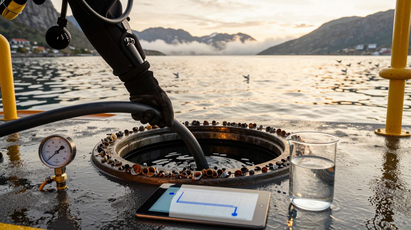 Nurek wkłada wąż do otworu w platformie nad wodą, obok leży tablet i szklanka. W tle góry i jezioro.