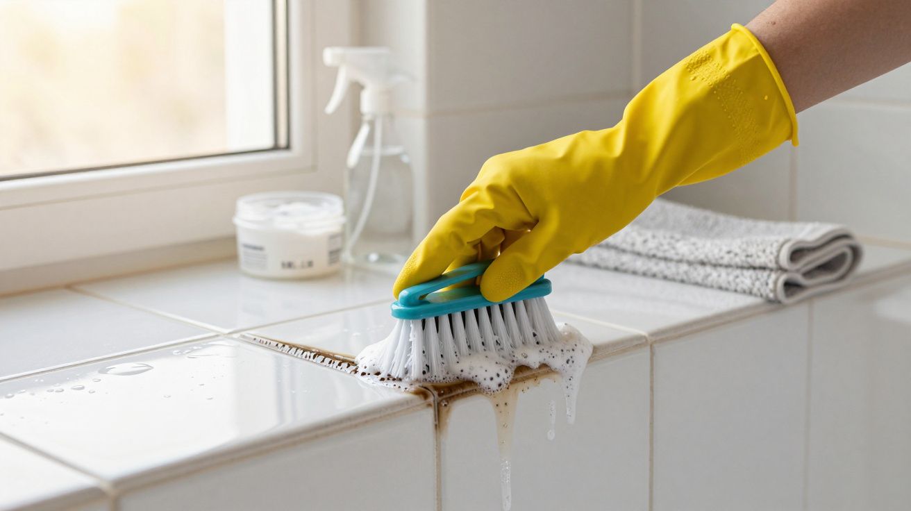 Osoba w żółtej rękawicy czyści szorowarką zabrudzone fugi na białych kafelkach przy oknie.