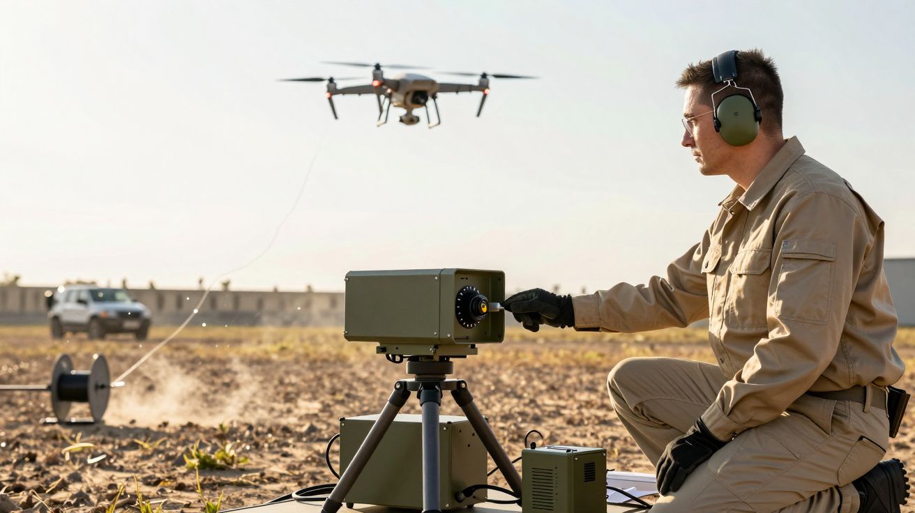 Mężczyzna obsługuje sprzęt na polu, dron unosi się w powietrzu. W tle samochód terenowy.