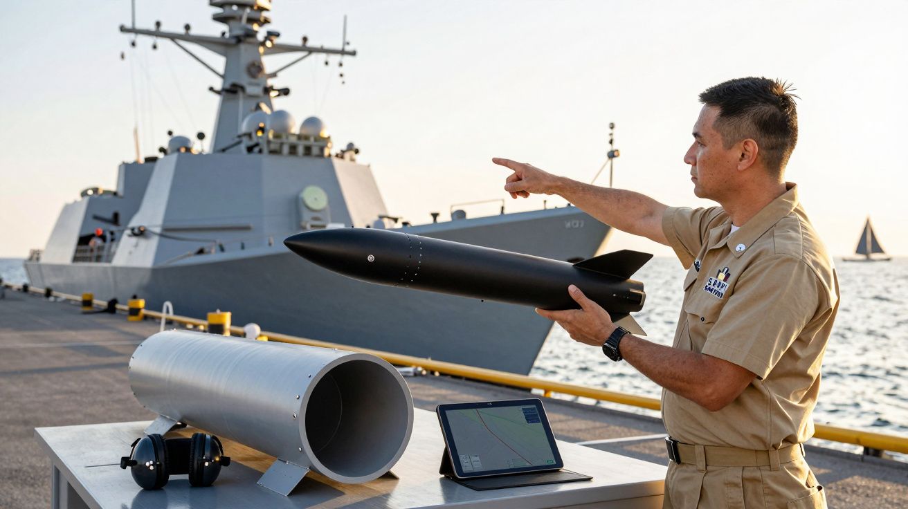 Mężczyzna w mundurze pokazuje model rakiety na tle okrętu wojennego i morza.