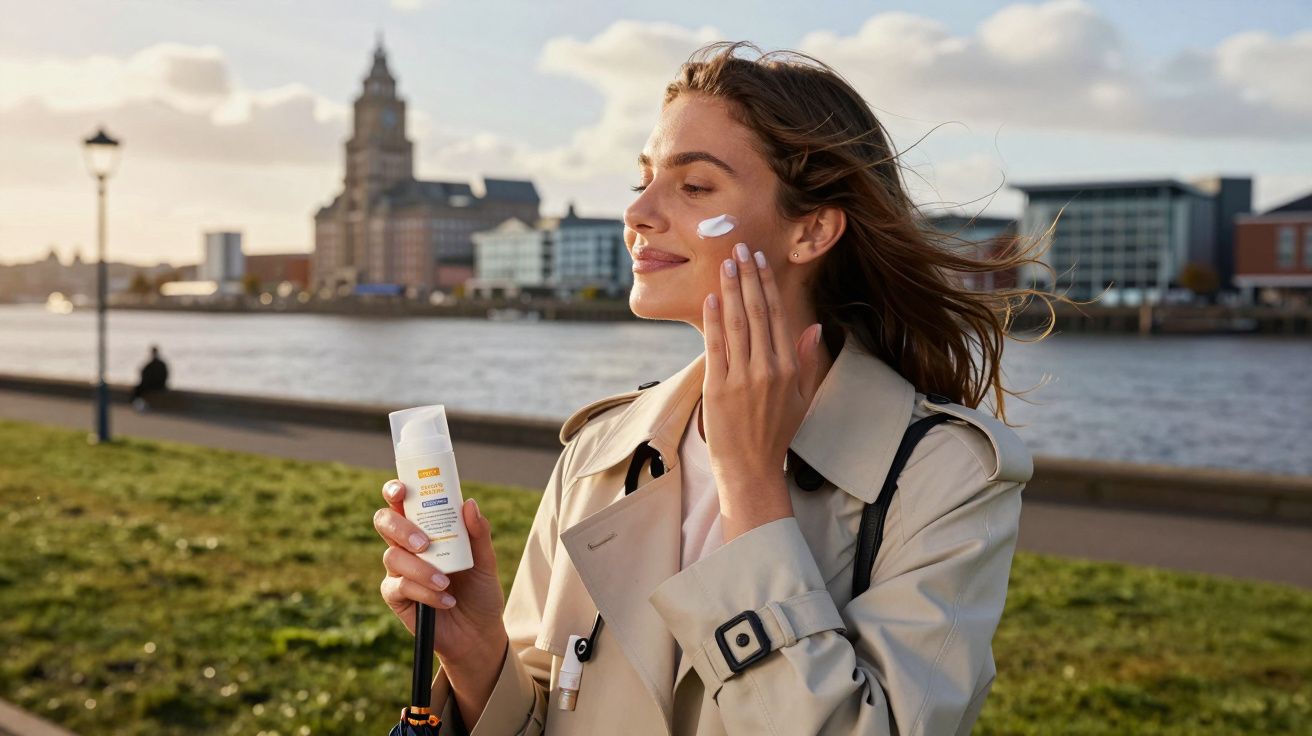 Kobieta nakłada krem na twarz, stojąc nad rzeką w wietrzny dzień, w tle budynki.
