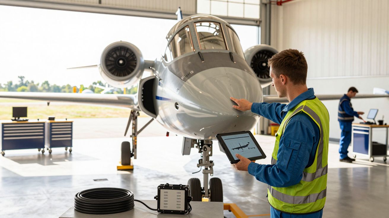 Technik z tabletem kontroluje samolot w hangarze. Drugi pracownik w tle przy komputerze.
