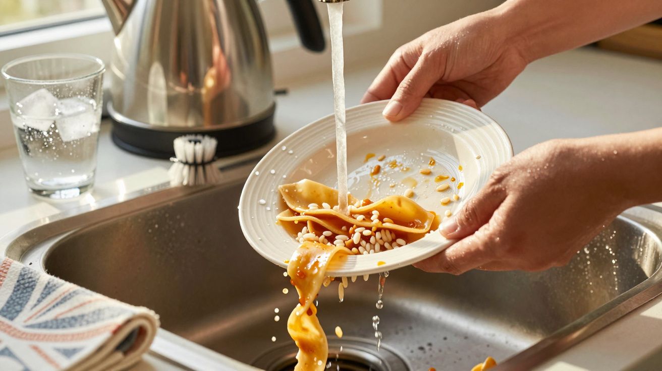 Osoba myje talerz nad zlewem, z resztkami makaronu spływającymi pod strumieniem wody.