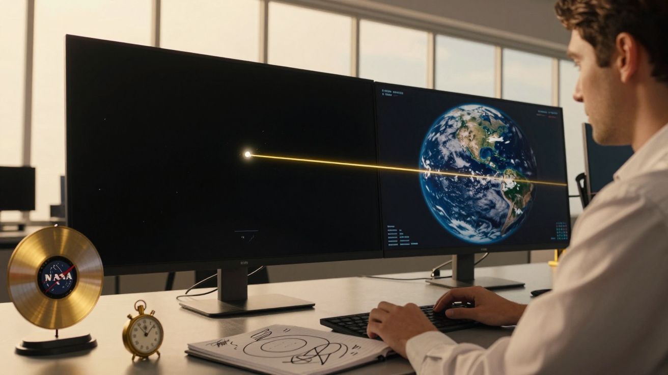 Mężczyzna przy biurku pracuje na komputerze z obrazem Ziemi na dwóch monitorach. Obok stoi model złotej płyty NASA.
