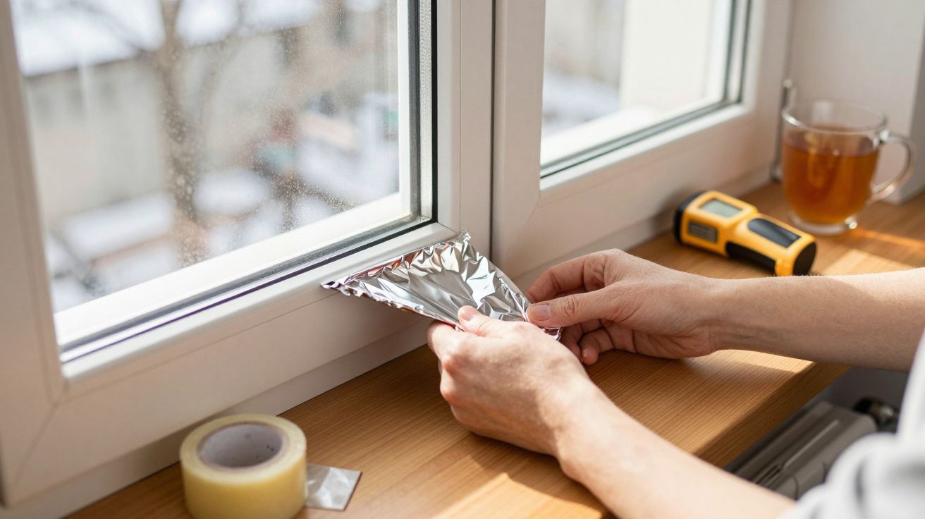 Osoba trzymająca folię aluminiową przy oknie, obok taśma klejąca, kubek herbaty i termometr.