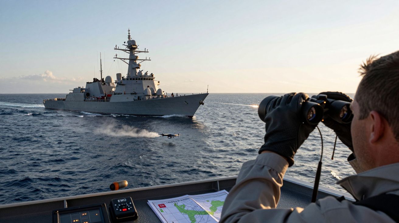 Mężczyzna obserwuje przez lornetkę okręt wojenny na otwartym morzu, z mapą i urządzeniem nawigacyjnym na pierwszym planie.