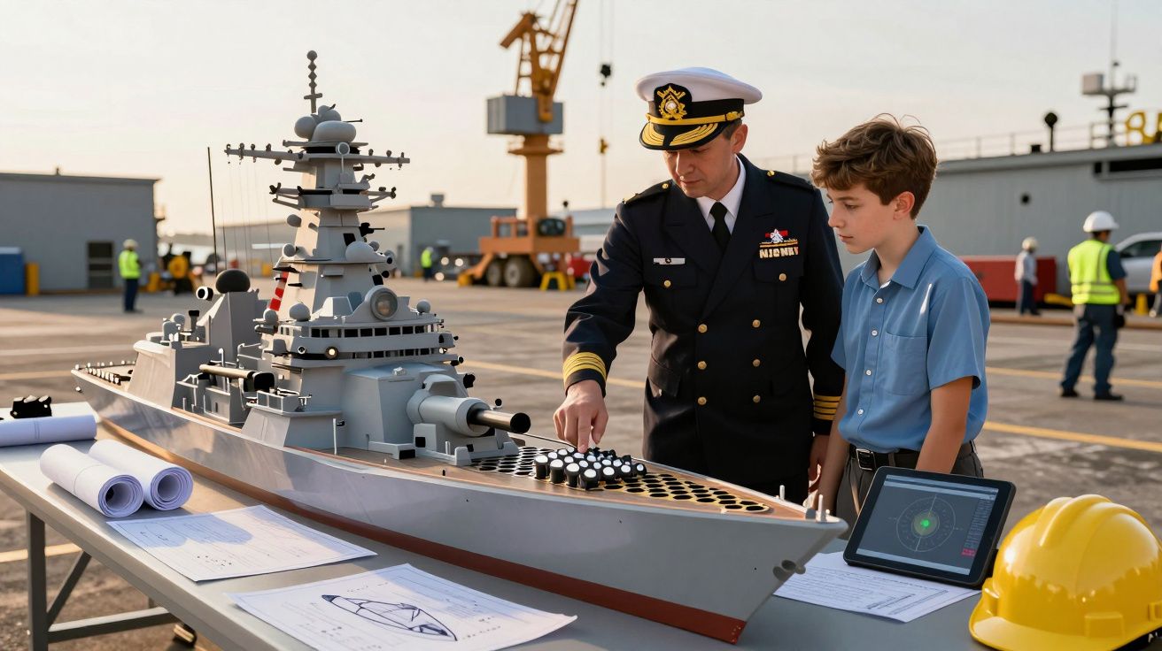 Kapitan w mundurze marynarki wojennej i chłopiec oglądają model statku na stole z planami w tle portu.