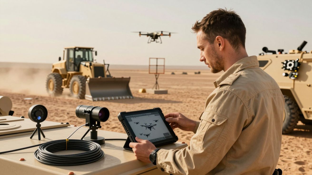 Mężczyzna obsługujący drona za pomocą tabletu na pustyni, w tle spychacz i pojazdy wojskowe.
