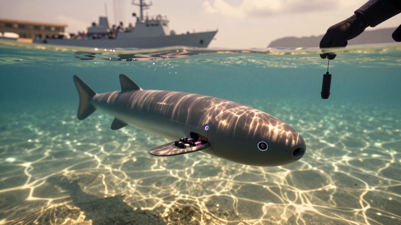 Podwodny dron w kształcie ryby płynie pod przezroczystą wodą, ręka trzyma urządzenie nad powierzchnią. W tle statek.