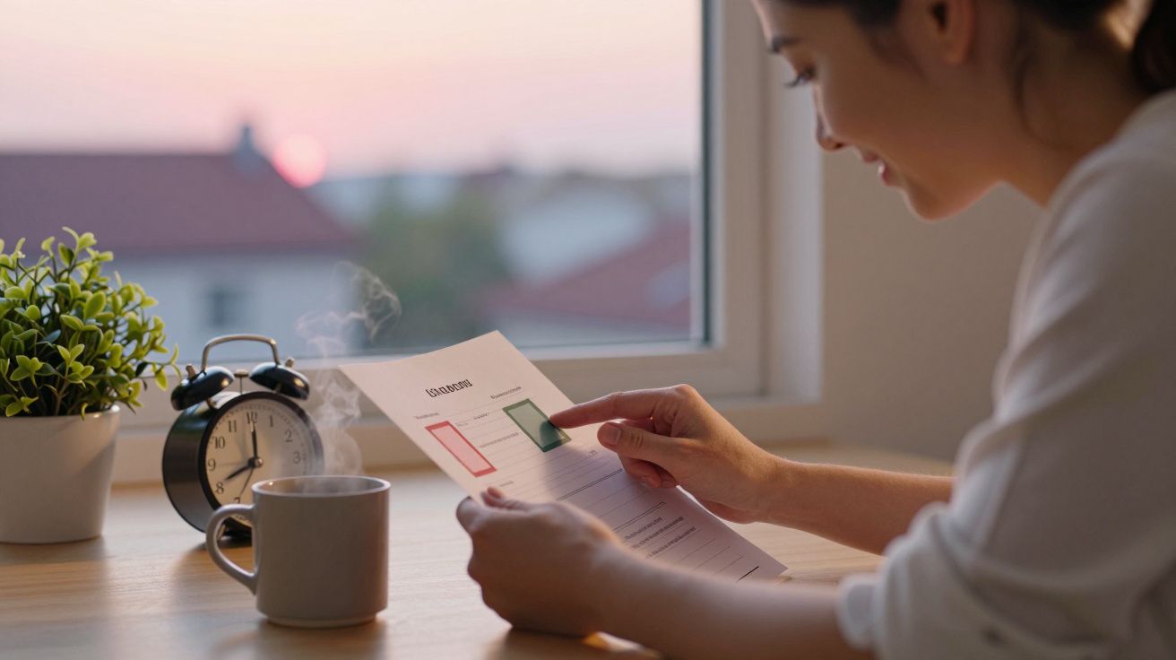 Kobieta siedzi przy biurku z filiżanką kawy, trzymając dokument i patrząc na niego, na tle widok za oknem.
