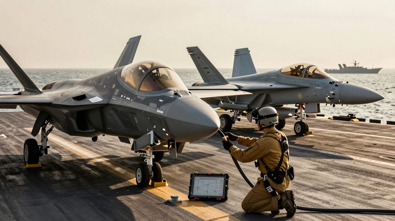 Dwa myśliwce na lotniskowcu, technik w kombinezonie obsługuje samolot przy pomocy urządzeń, w tle morze.