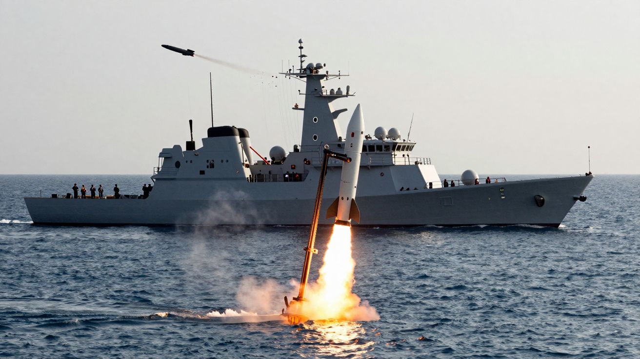 Okret wojenny na morzu, wystrzeliwujący rakietę w kierunku nieba, otoczony wodą.