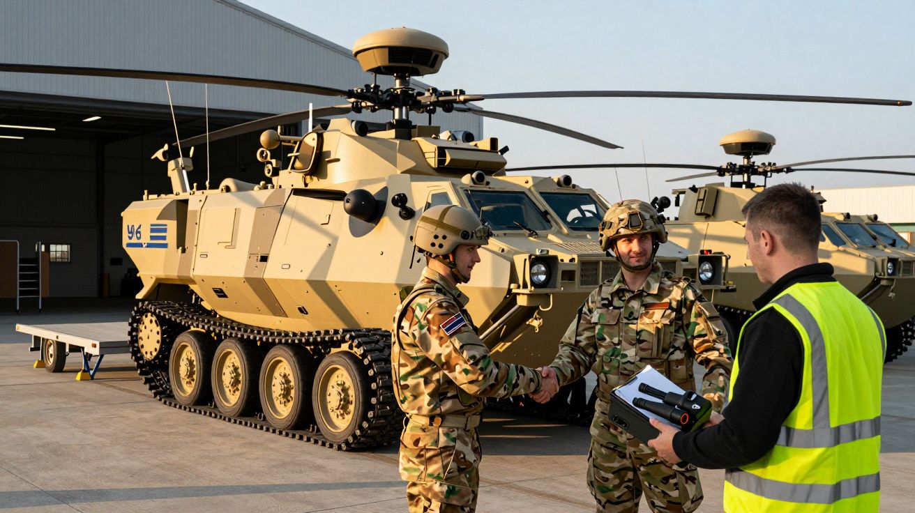 Żołnierze w mundurach stoją obok wojskowych pojazdów opancerzonych z wirnikami na lotnisku, wymieniają dokumenty.