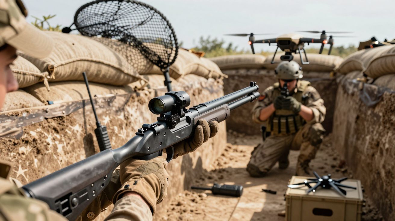 Żołnierze w umocnieniach z karabinem i dronem na polu bitwy.