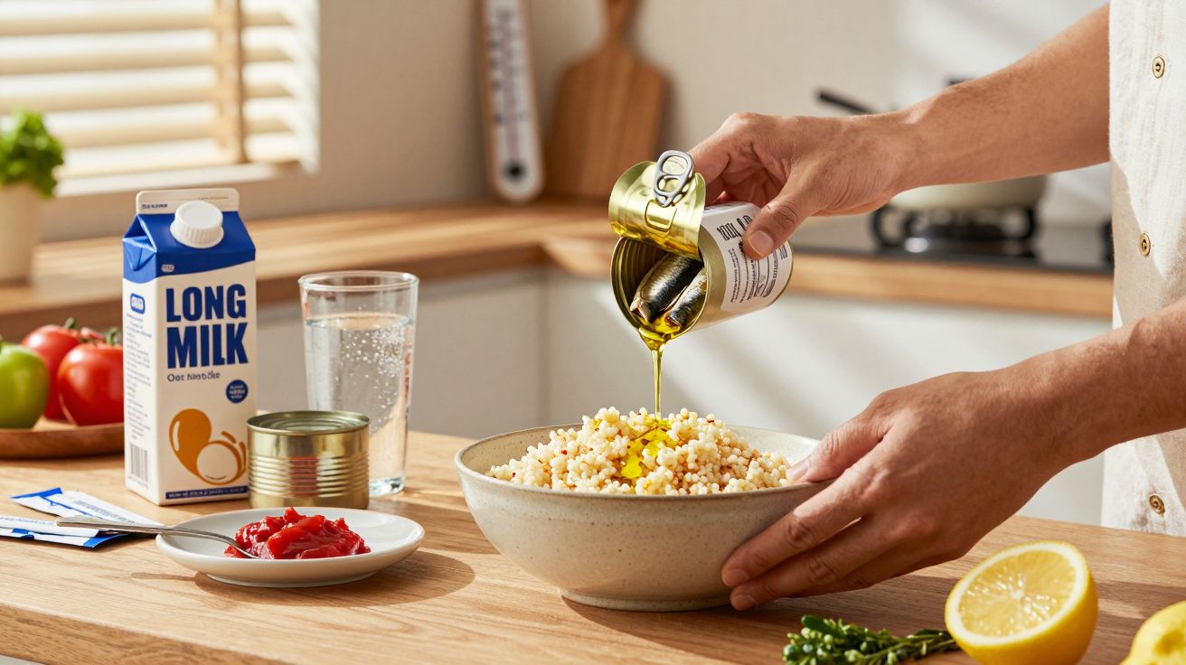 Osoba dodaje oliwę z puszki do kaszy w kuchni; na blacie karton mleka, szklanka wody, pomidory, cytryna i zioła.