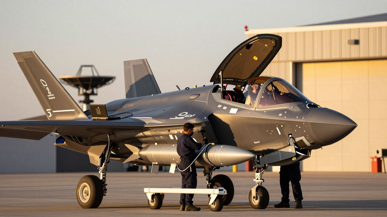 Myśliwiec F-35 Lightning II na pasie startowym z otwartą kabiną, obsługiwany przez trzech techników w kombinezonach.