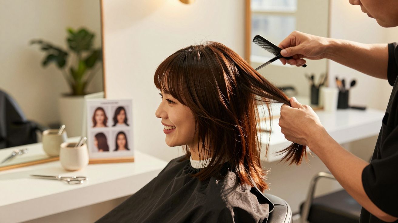 Kobieta w salonie fryzjerskim, siedzi na krześle, fryzjer czesze jej włosy, w tle lustro i rośliny.