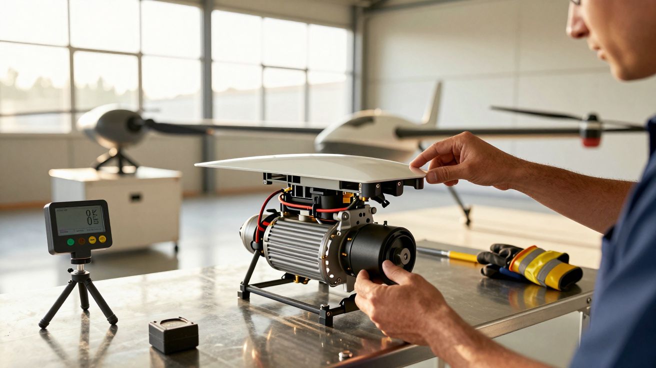 Mężczyzna pracuje nad dronem w warsztacie, w tle widać drugi dron i narzędzia na blacie.