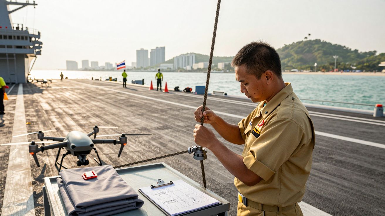 Mężczyzna w mundurze na pokładzie statku przygotowuje linę; obok na stole leży dron i dokumenty.