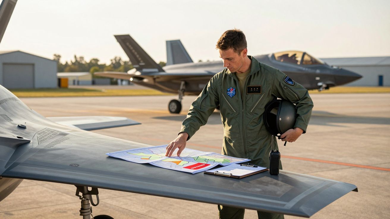 Pilot w kombinezonie lotniczym analizuje mapy na skrzydle samolotu F-35, trzymając hełm. W tle inne myśliwce.